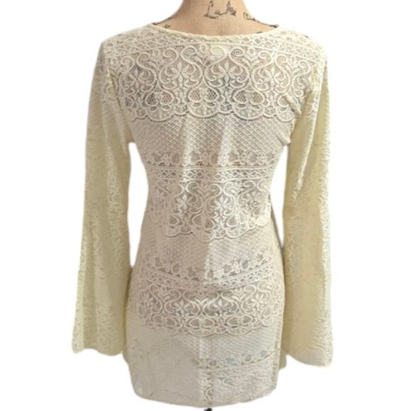 FLYING Tomato Cream Slightly Sheer Bell Sleeve Mini‎ Dress COVERUP Size Medium - Picture 6 of 8